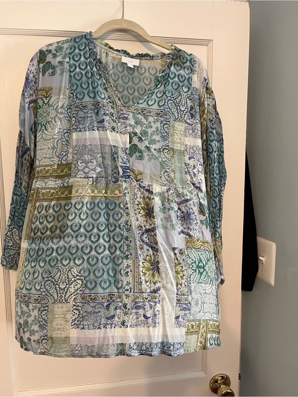 J. Jill Patchwork V-Neck Tunic in Teal, Olive, and White